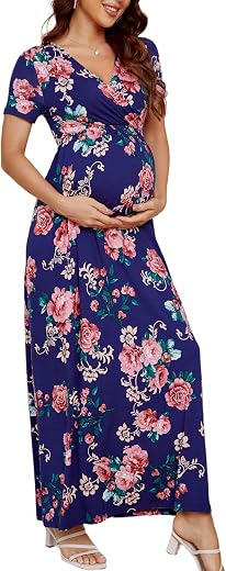 Xpenyo Maternity Maxi Dress Women Casual Wrap Long Baby Shower Pregnancy Dresses, Rose Floral Navy Blue, Large
