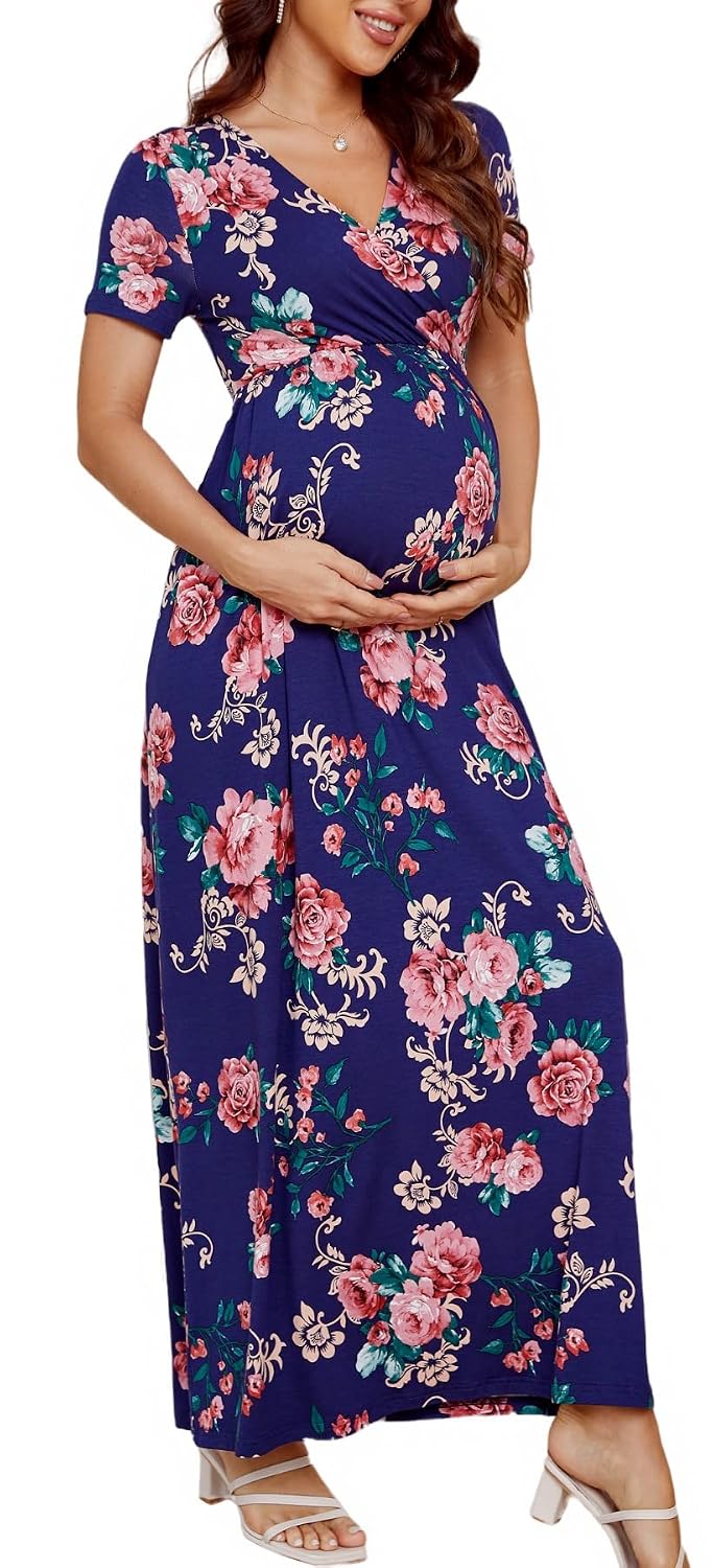 Xpenyo Maternity Maxi Dress Women Casual Wrap Long Baby Shower Pregnancy Dresses, Rose Floral Navy Blue, Large