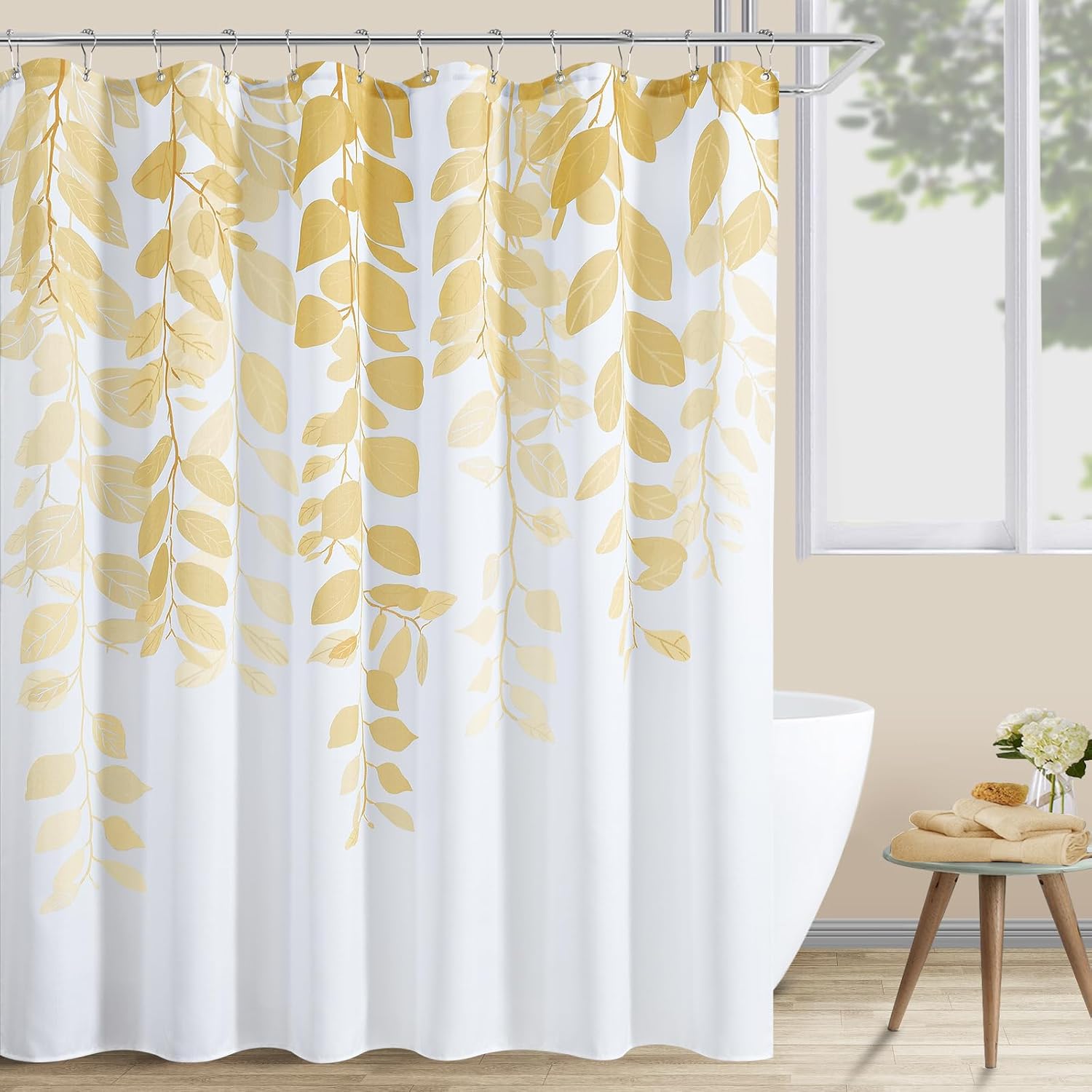 BOODII Yellow Leaf Shower Curtain for Bathroom Botanical Eucalyptus Nature Eucalyptus Shower Curtain Set Floral Leaves Waterproof Bathroom Bath Curtains with Hooks 72x72