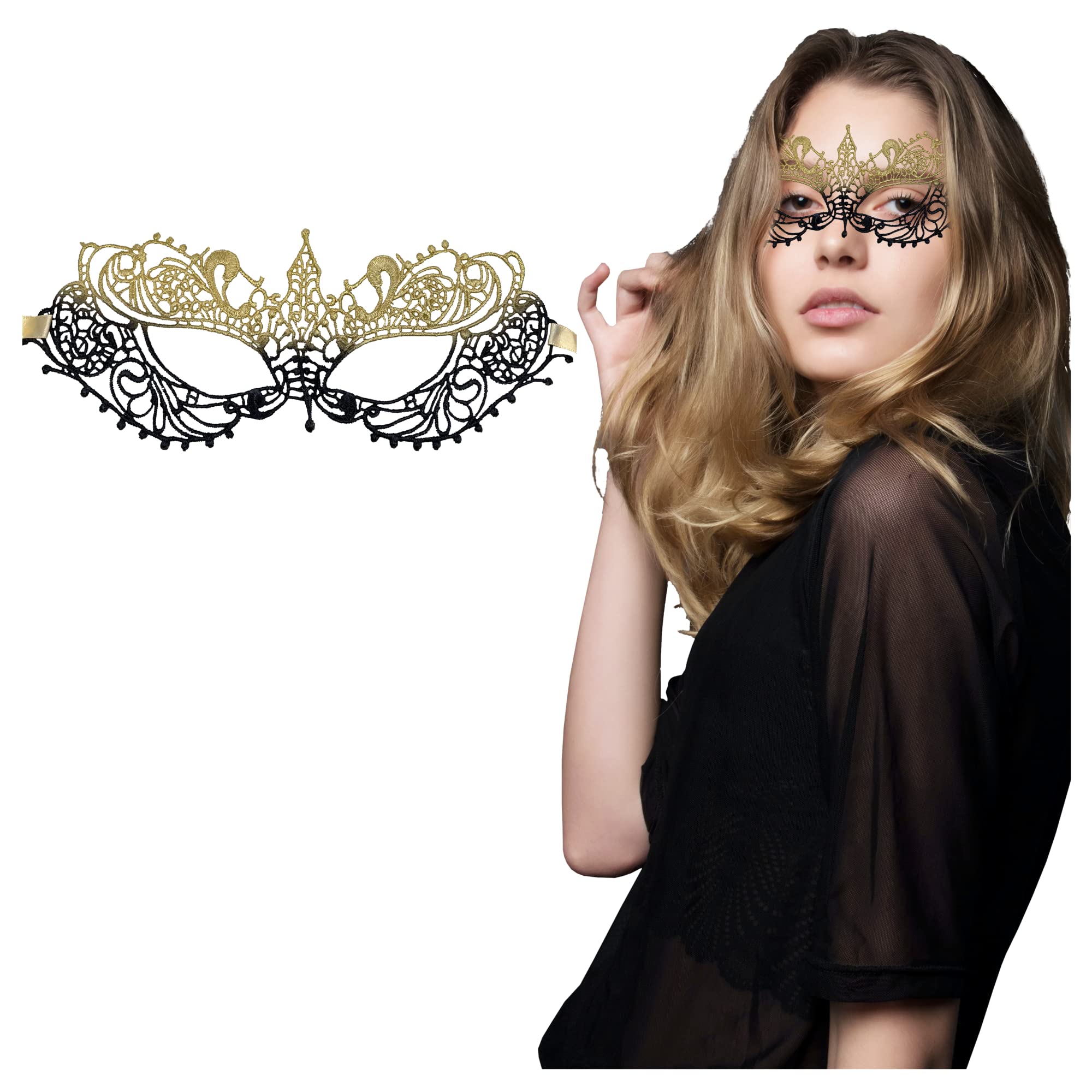 Black Gold Masquerade Mask For Women - Lace Masquerade Masks for Masquerade Party, Proms, Photo Shoot, Venetian Party, Mardi Gras, Halloween & Cosplay, Black Gold, One Size