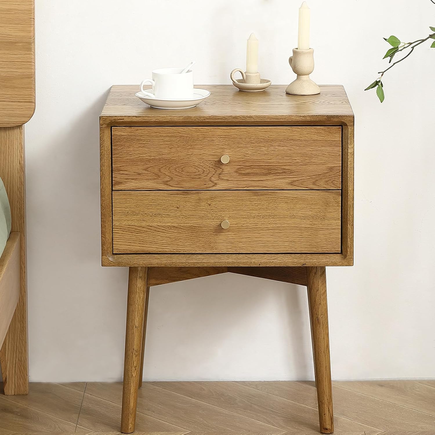 Solid Wood Bedside Table Nightstands, Mid-Century Natural Oak Modern End Table with Drawers Vintage Aesthetic Durable Real Wooden Cabinet Organizer for Bedroom, Light Walnut Color