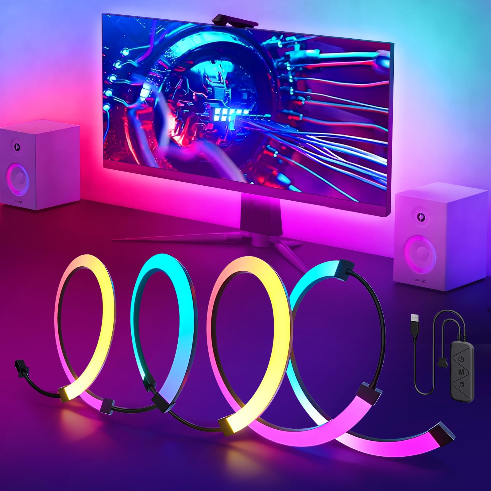 Retroilluminazione per Monitor PC da 27 Pollici, Striscia Luminosa a LED RGBIC Sincrona con Colore Dello Schermo e Musica per Giochi, Film, Ecc, Facile da Usare Senza Fotocamera (4 Striscia LED)