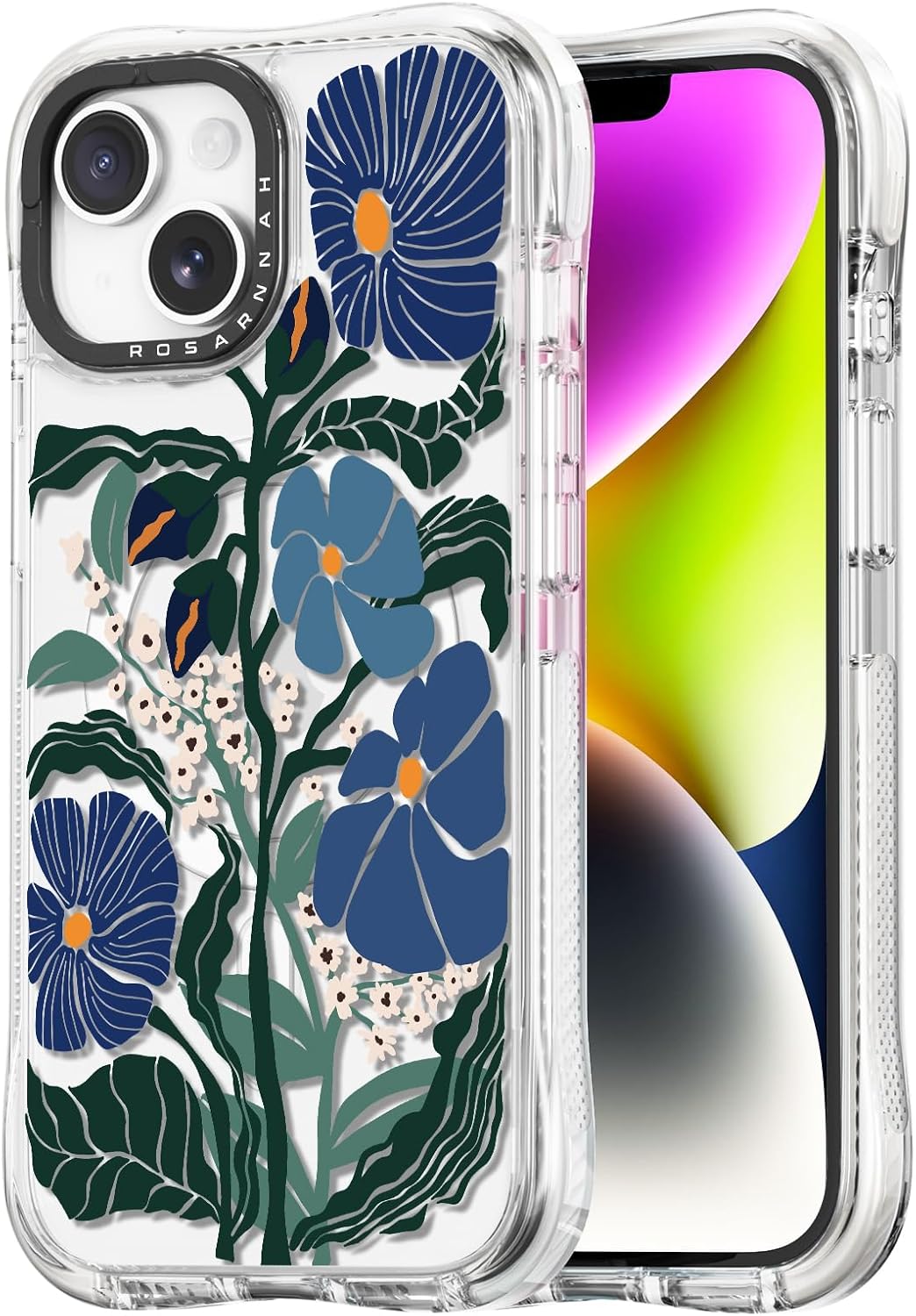 Rosarnnah for iPhone 13 / iPhone 14 Case Cute - Compatible with Magsafe - Military-Grade 20 ft Drop Protection Shockproof Phone Case - Funny Passiflora Caerulea Design (6.1") Glitter Clear
