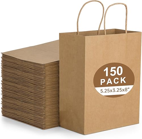 Paquete de 150 bolsas de papel marrón de 5.25 x 3.2 x 8 pulgadas, pequeñas bolsas de papel de estraza con asas a granel, bolsas de venta al por