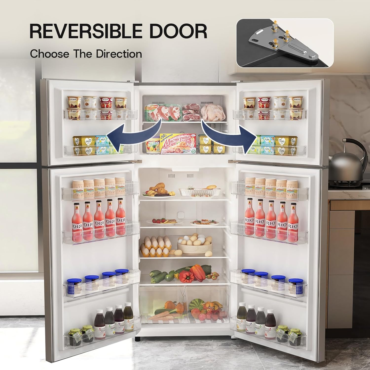 Upstreman 14.6 Cu.Ft. Refrigerator with Top Freezer, 2 Door Fridge with Electronic Thermostat, ENERGY STAR, Low Noise, Frost Free Top Freezer Refrigerator, Reversible Door, Stainless Steel-BD146