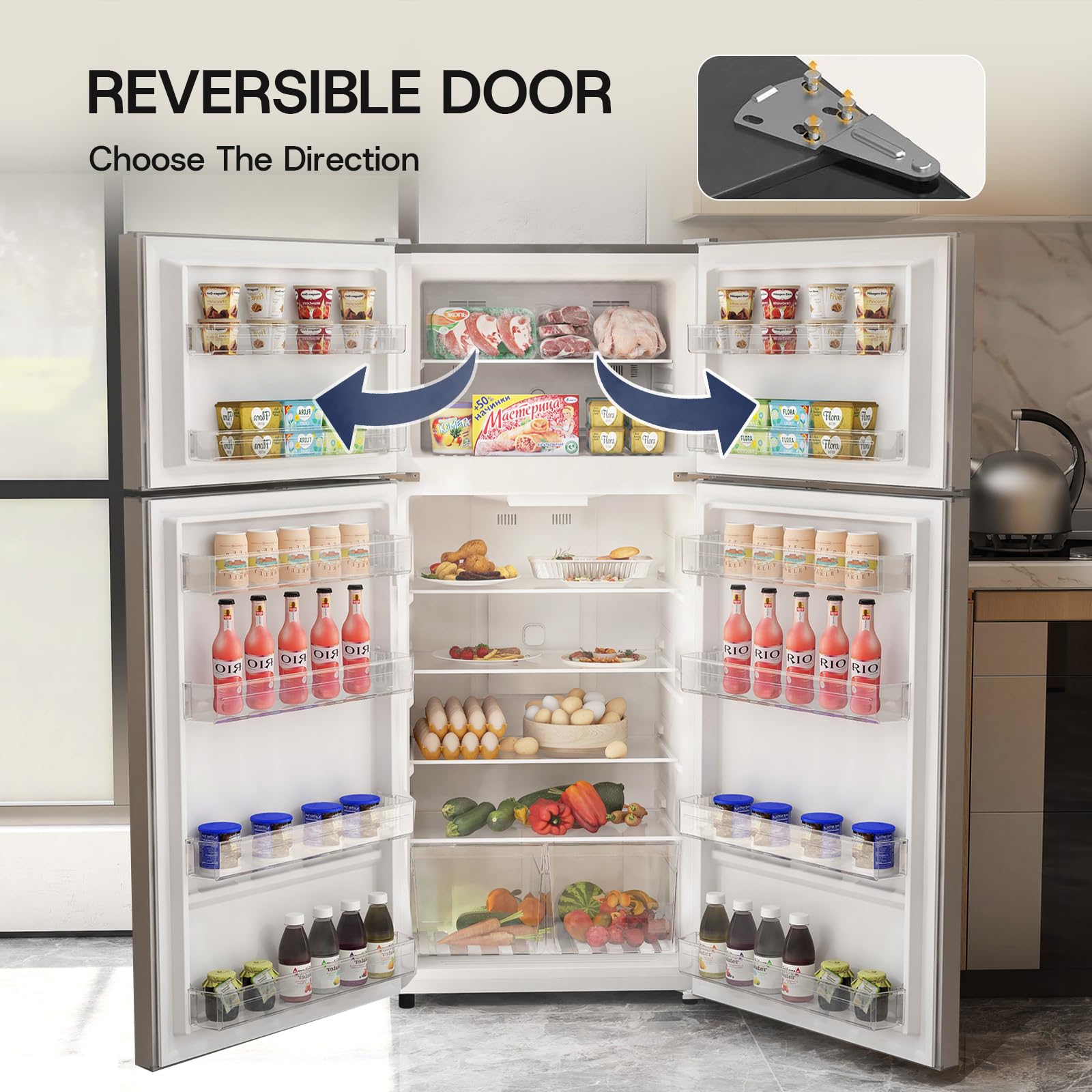 Upstreman 14.6 Cu.Ft. Refrigerator With Top Freezer, 2 Door Fridge With Electronic Thermostat, Energy Star, Low Noise, Frost Free Top Freezer Refrigerator, Reversible Door, Stainless Steel-Bd146 on Fridge.com - View 6