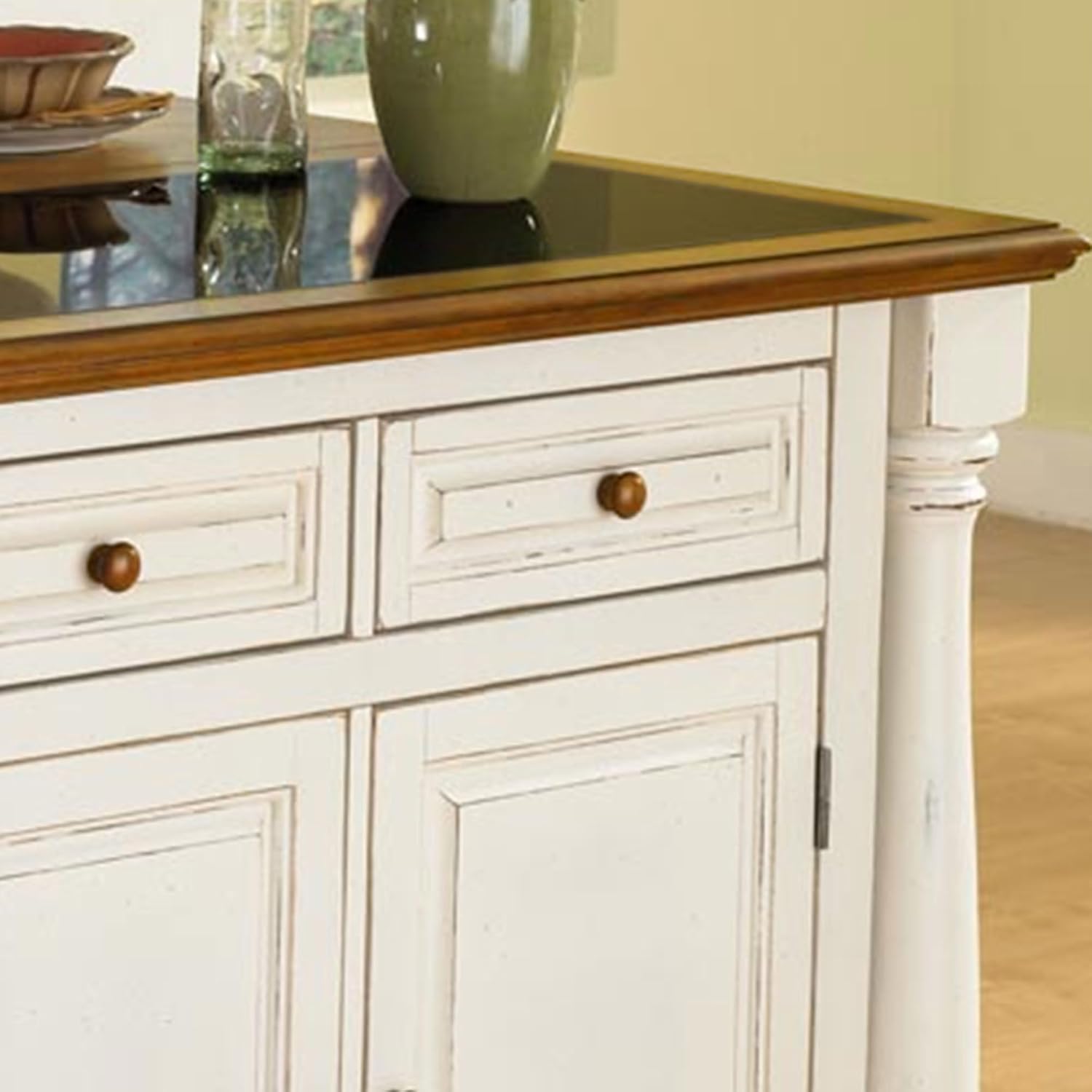 Pemberly Row Farmhouse Wood Kitchen Island, Granite Top, Antique White Finish, Distressed Oak, 48 x 25 x 36 in, Breakfast Bar Extension, Storage Drawers, Adjustable Shelves, Stylish Design for Home