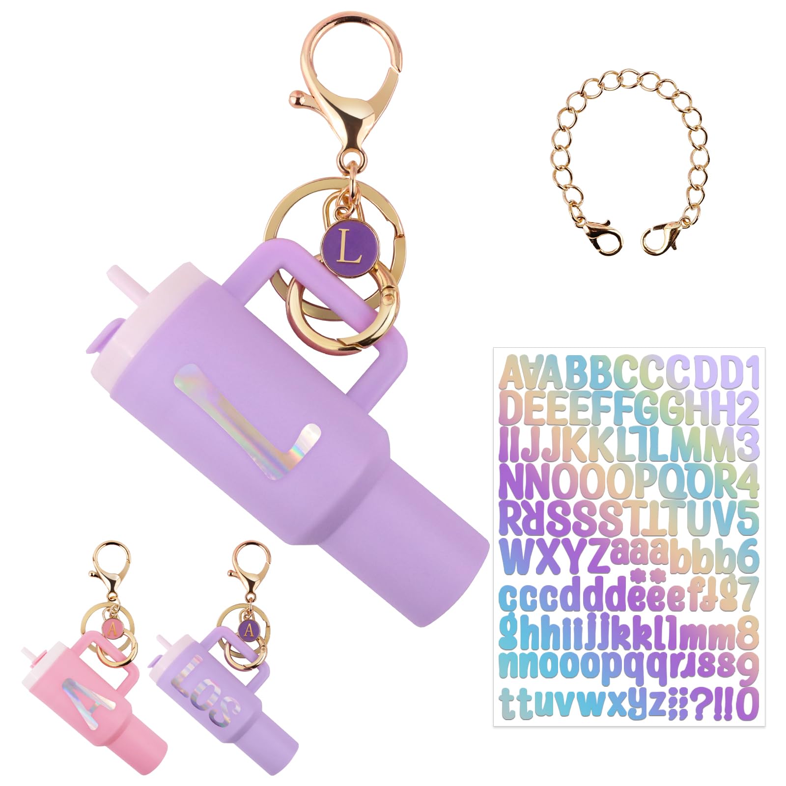 WINOWIMO Personalized Mini Tumbler Keychain for Women Girls, DIY Letter Charms for Stanley Cup Accessories, Cute Tumbler Lip Balm Holder, Initial Christmas Gifts for Women Purse Backpack (Purple, L)