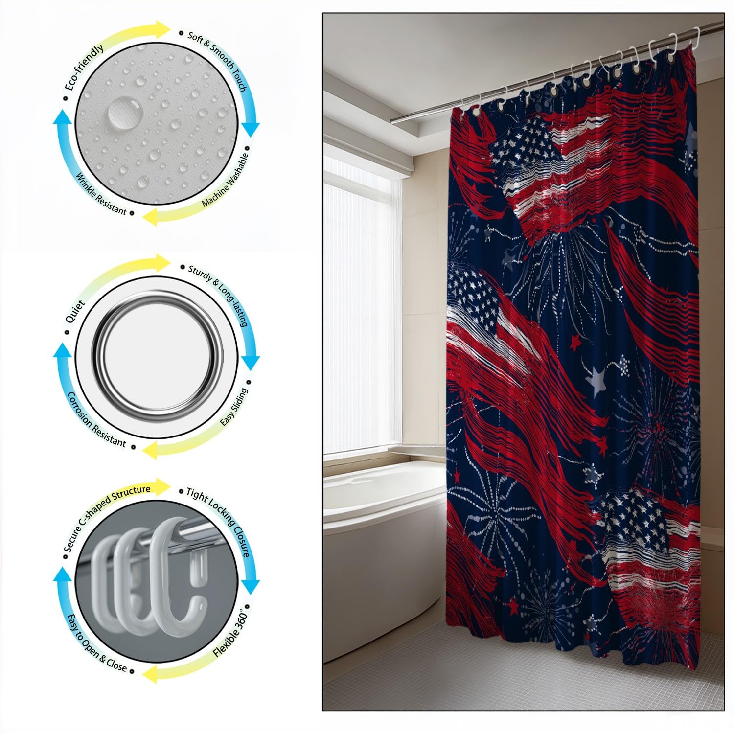 Generico Tenda da doccia Vivace USA Bandiera, Rosso Blu tenda da doccia Fantasia per il bagno, tessuto in poliestere impermeabile con ganci 180 x 200 cm Per La Vasca Da Bagno Casa E Hotel Caravan