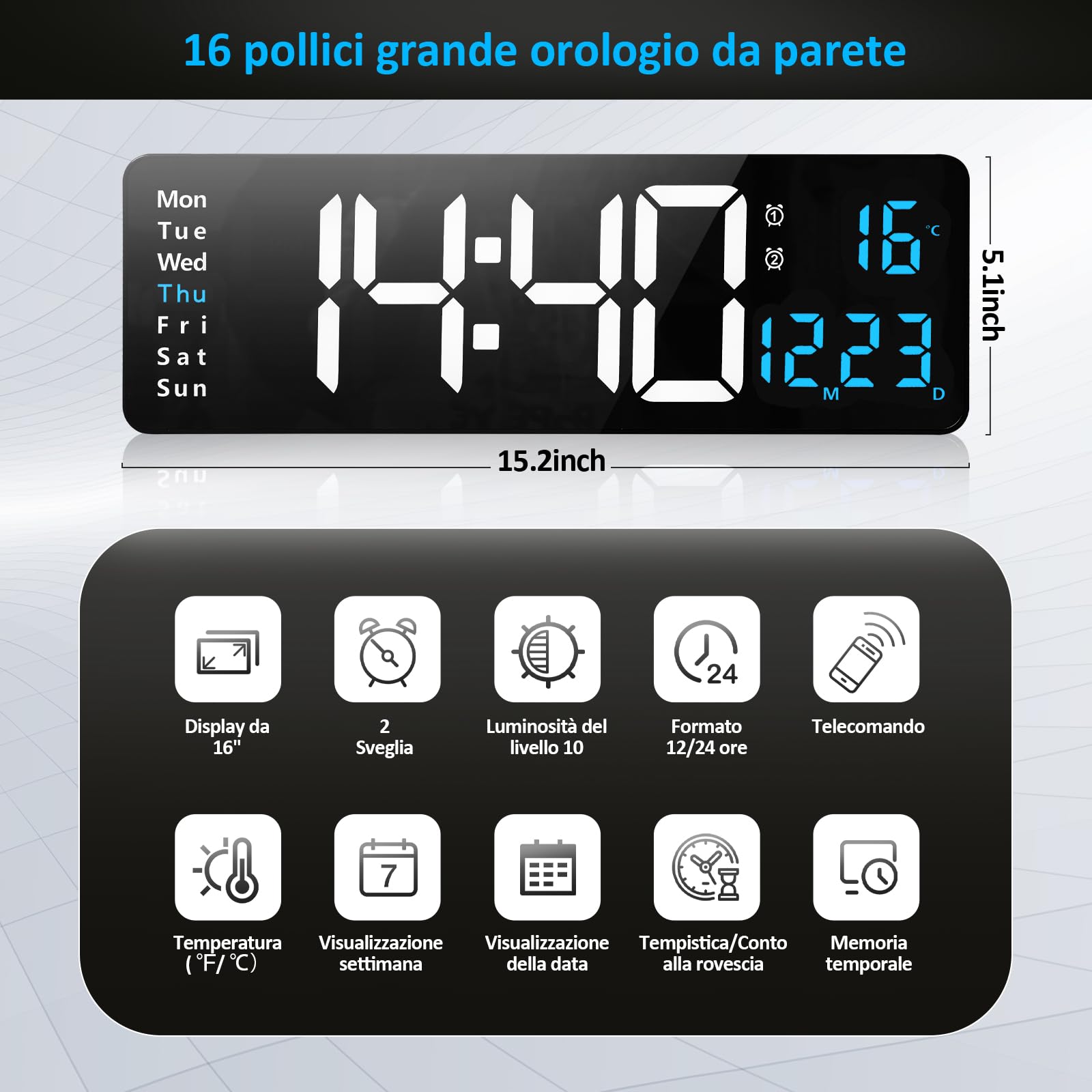 Orologio da parete digitale grande display, 16" orologio digitale con data di ora Temp settimana, timer, 12/24Hr, auto-dimming, per soggiorno/aula/palestra/chiesa/negozio/garage, blu
