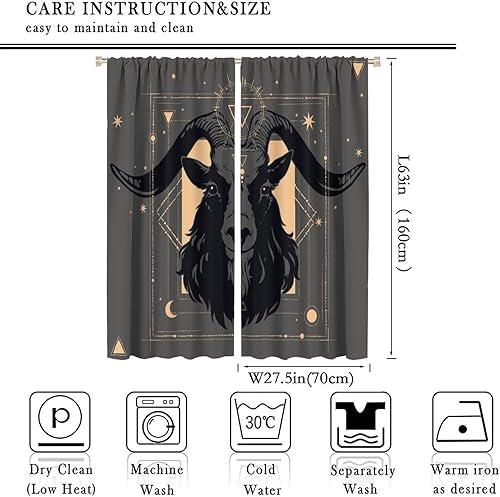 Vista 196 de Cortinas de cabeza de cabra, misteriosa cabeza de cabra malvada, calavera negra, bolsillo para barra, cortinas opacas para ventana, juego de 2