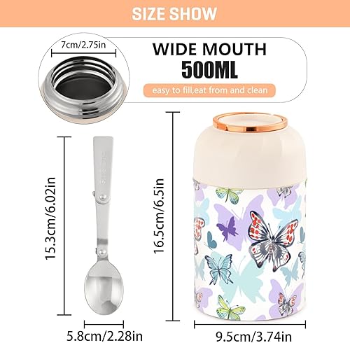Miniatura 3 de MCHIVER Butterflies Food Jar with Spoon Stainless Steel Vacuum Insulated Food Container 17 oz Thermos for Adults