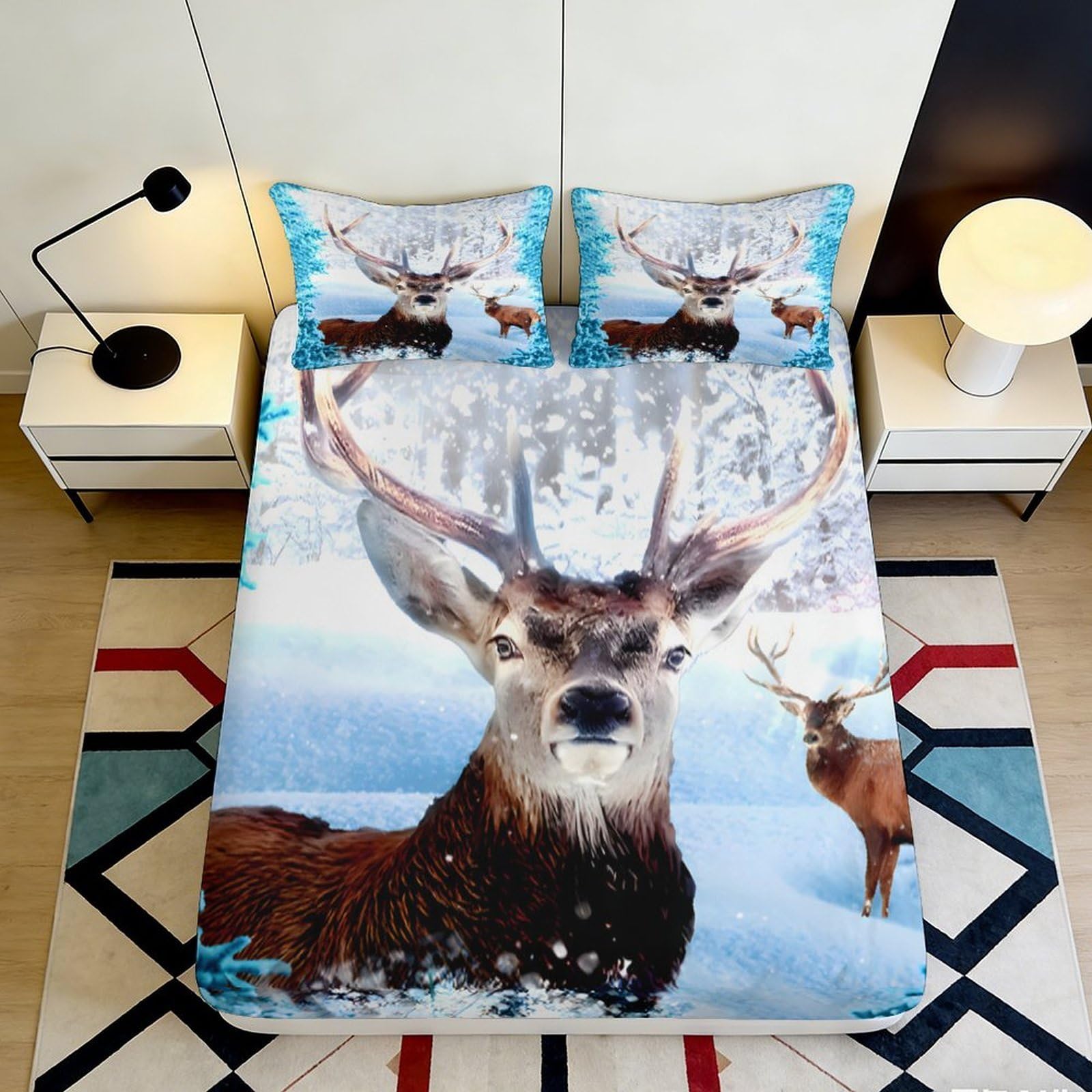 3D Printed Winter Deer Fitted Sheet Microfiber Soft Breathable Forest Elk Mattress Cover for Bedroom Dorm Decor 90x200x25cm