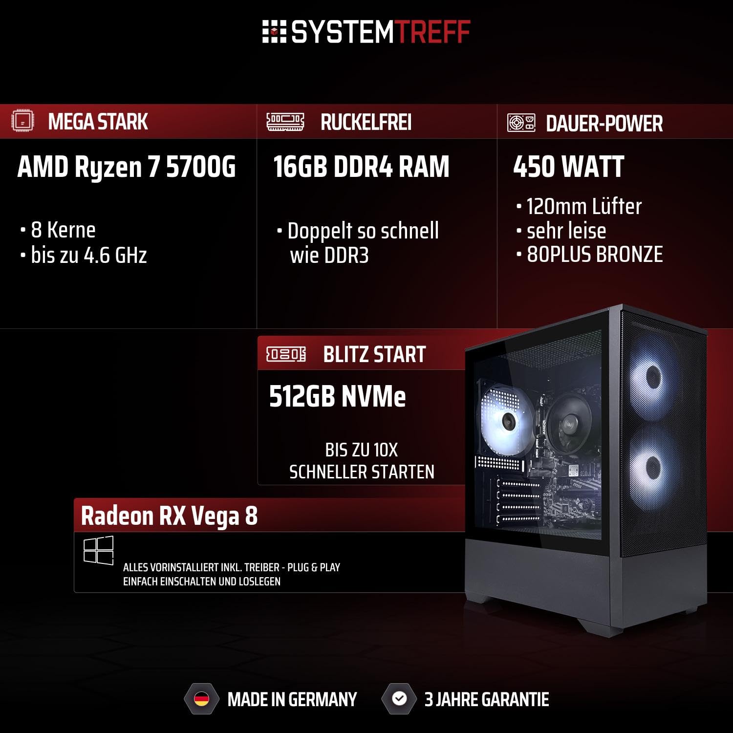 SYSTEMTREFF Office PC AMD Ryzen 7 5700G 8x4.6GHz | Radeon RX Vega 8 4K HDMI DX12 | 512GB M.2 NVMe | 16GB DDR4 RAM | WLAN Silent Desktop Computer Rechner für Büro Business Multimedia