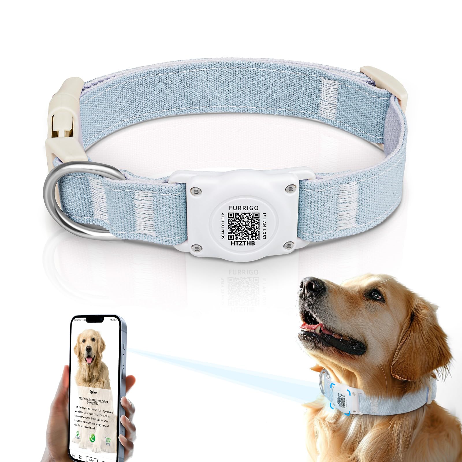 Airtag Dog Collar QR Code - IP68 Waterproof Integrated Air Tag Dog Collar Holder ID Tag - Free Pet Online Profile - Durable Natural Cotton Hemp - Fits