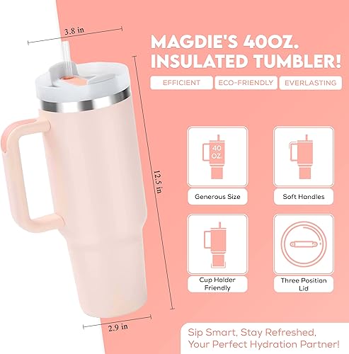 Miniatura 4 de MAGDIE - Vaso H2.0 de 40 onzas con asa y pajilla, doble pared aislada al vacío de acero inoxidable para agua, té, café helado, batidos, hielo y más