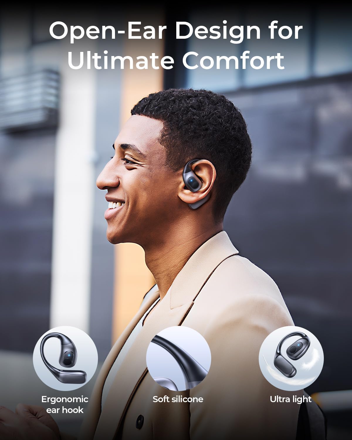MRGLAS True Wireless Open-Ear Headphones with Dual Mic, Earbuds with Earhooks, Ultra-Comfort, Lightweight, Sweat Resistant, Bluetooth 5.3, Fast Charging, 24HRS Playtime, for Running Workout, Black