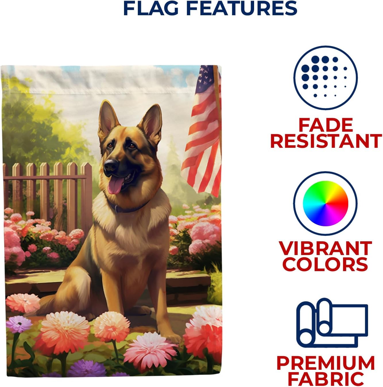 America Forever Spring Summer German Shepherd Dog House Flag 28 x 40 inch Double Sided Patriotic Floral for Outdoor Flag Yard Decoration