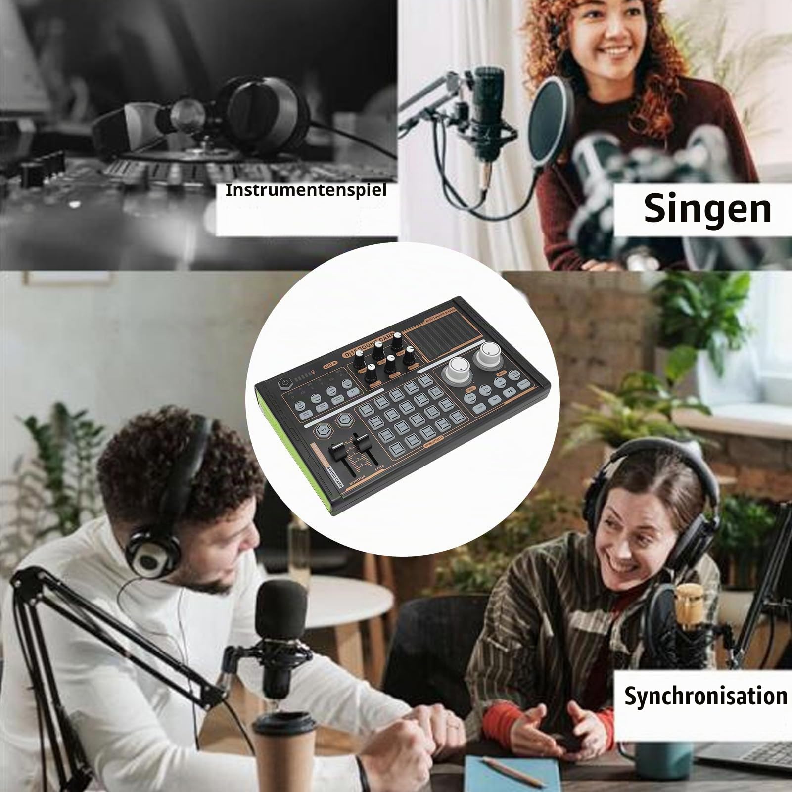 Fockety Professioneller Audiomixer, Live-Soundkarte und Audio-Interface mit Soundeffekten und Sprachwechsler, 48-V-Phantomspeisung-Bluetooth-Soundboard für Podcast-Aufnahmen,Live-Streaming