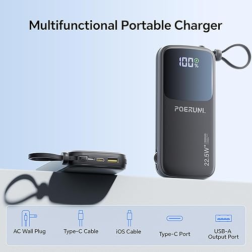 Miniatura 2 de Cargador portátil, 12000mAh 22.5W USB C Cargador de energía de carga rápida con cables integrados y enchufe de pared de CA
