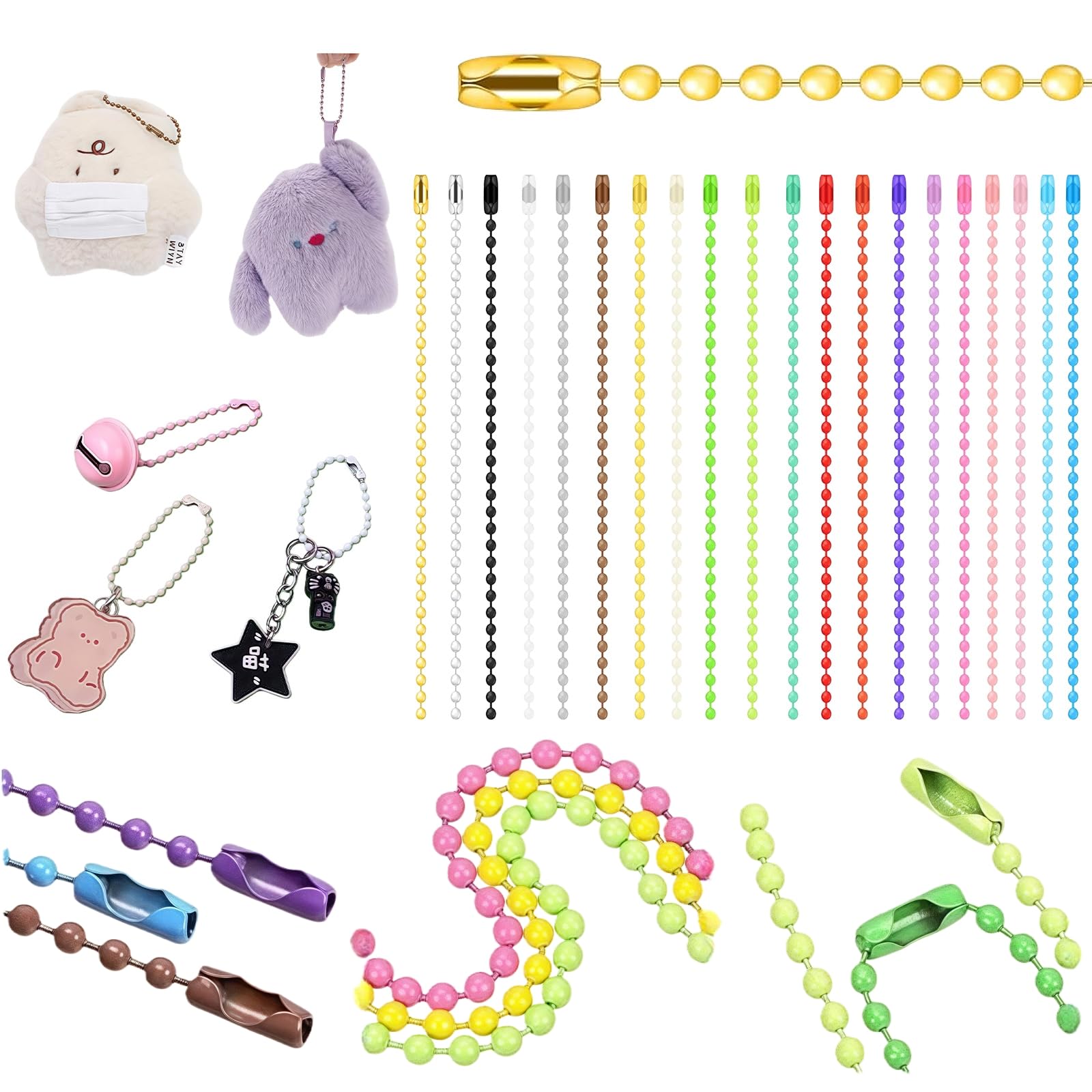 Mostantu 300Pcs Ball Bead Chain Ball Chain Keychain Dog Tag Necklace Chains Beaded Metal Keychain 2.4mm Beads Chains for Jewelry Making (20 Colors Ball Chain)