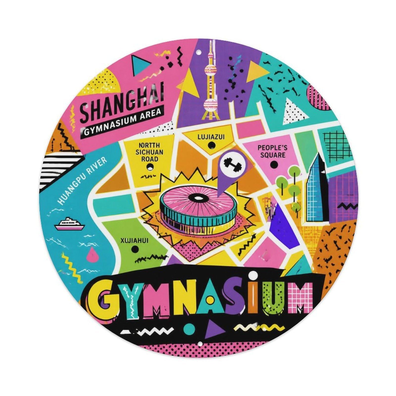 Okngb Style Gymnasium District Shanghai Tourist Route Map Detail Metal Tin Sign Plaque Wall Decor For Cafe, Man Cave, Club Bar, Office, Home Garden Round Metal Poster 8X8inch