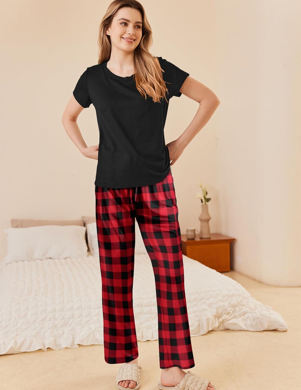 Ekouaer Pajama Sets for Women Round Neck Pjs Short Sleeve Sleepwear with Long Pants Loose Lounge Sets - Image 2