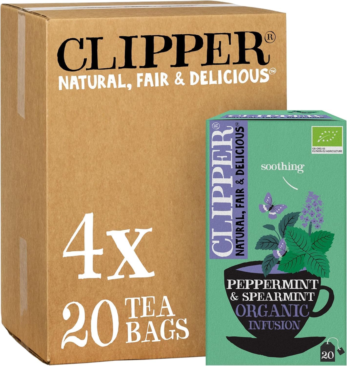 Clipper Organic Peppermint & Spearmint Infusions Fruit Teabags / 80 Infusions Tea Bags (4x Boxes of 20) / Caffeine-Free Herbal Tea/Natural, Unbleached, Plant Based