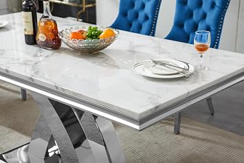 68.11 White Dining Table, Luxurious Marble Table Dining with 0.71 Thick Printed Marble Tabletop and Silver Stainless Steel Pedestal, Modern Kitchen Dining Room Table for 8