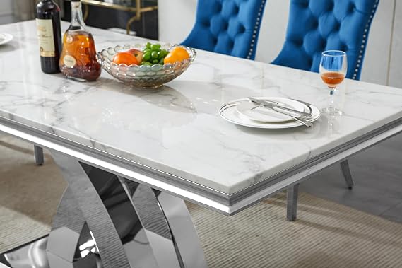 68.11 White Dining Table, Luxurious Marble Table Dining with 0.71 Thick Printed Marble Tabletop and Silver Stainless Steel Pedestal, Modern Kitchen Dining Room Table for 8