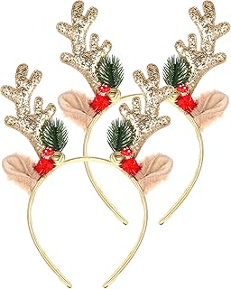 أربطة للرأس للكريسماس من جيهوا، طوق رأس بقرون وعِل الكريسماس اللامعة للنساء والبنات، اكسسوارات رباطات شعر لطيفة لهدايا الحفلات ومستلزمات حفلات الكريسماس التنكرية (ذهبي)