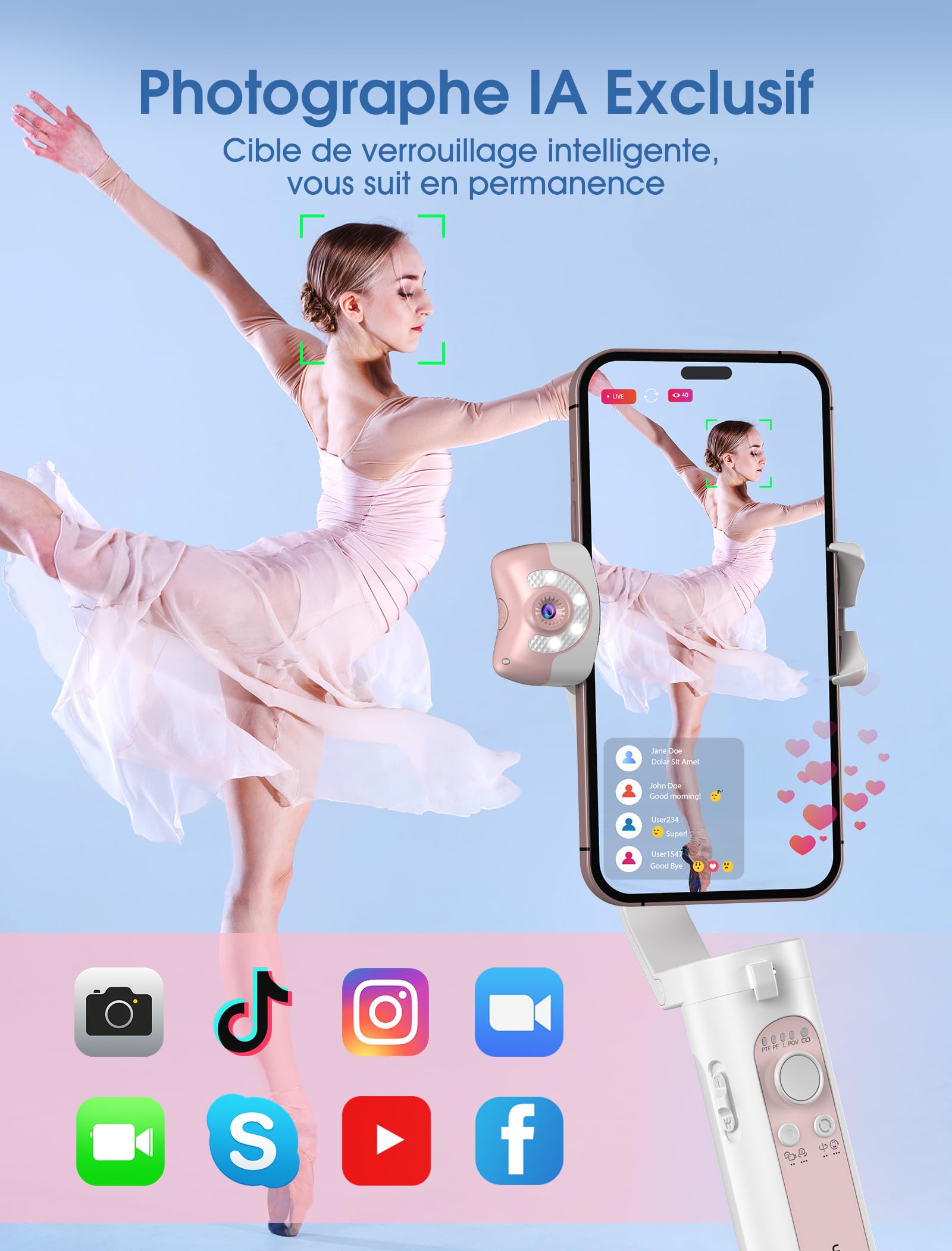 hohem iSteady V2S 3 Axes Stabilisateur pour Smartphone, AI Tracking, Portable et Pliable, pour Android et iPhone avec Lumière de Remplissage, Stabilisateur pour Vlogging/Youtube/TikTok