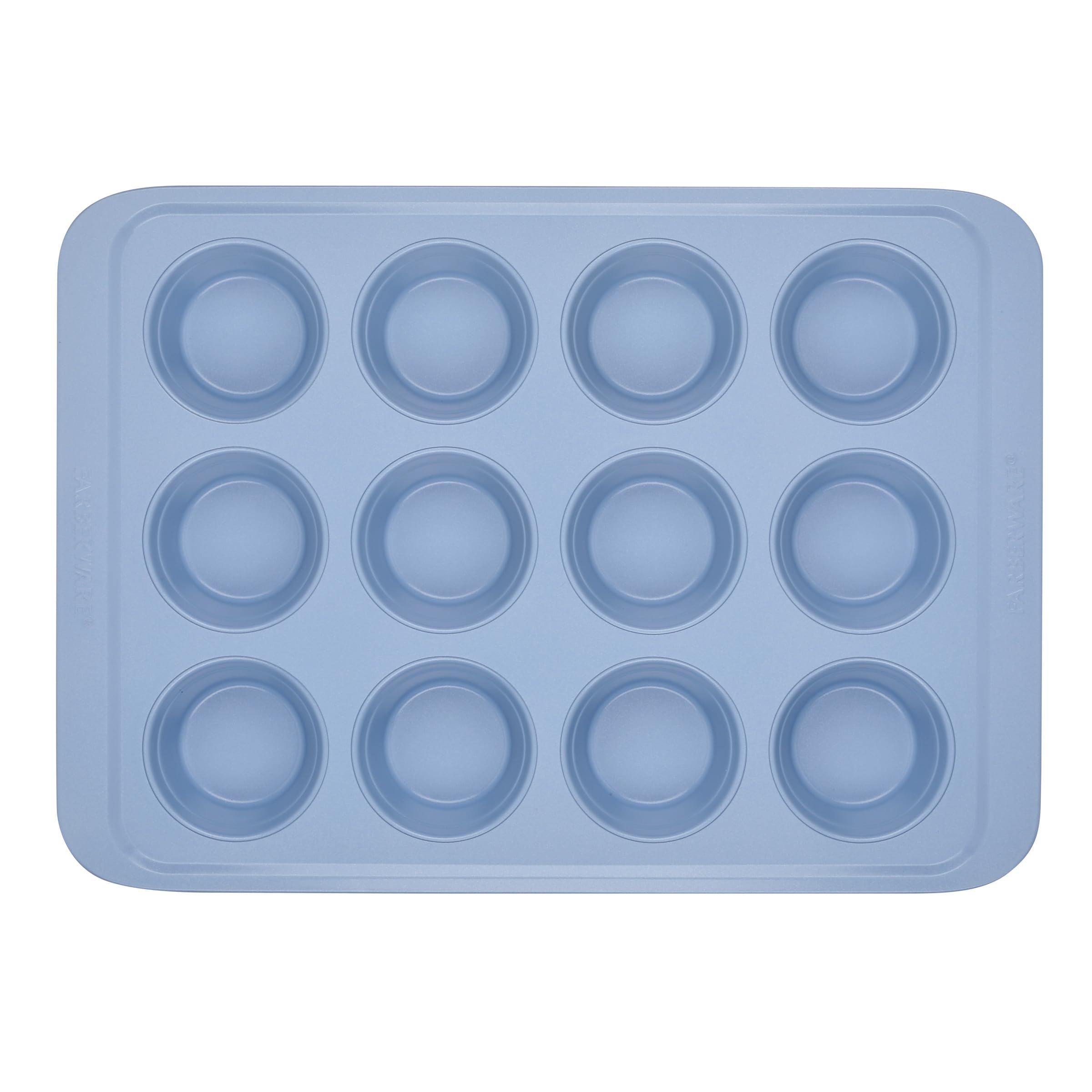 Farberware Easy Solutions - Molde antiadherente para hornear magdalenas/magdalenas, 12 tazas con líneas de relleno, color azul