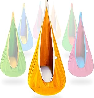 OUTREE Kids Pod Hanging Swing Seat Hammock ,Cotton Child Swing Hammock Chair for Indoor and Outdoor use,Yellow and White