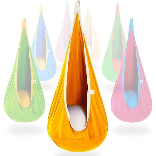 OUTREE Kids Pod Swing Seat, Cotton Child Hammock Swing Chair, Sensory Swing for Indoor and Outdoor Use, Yellow and White