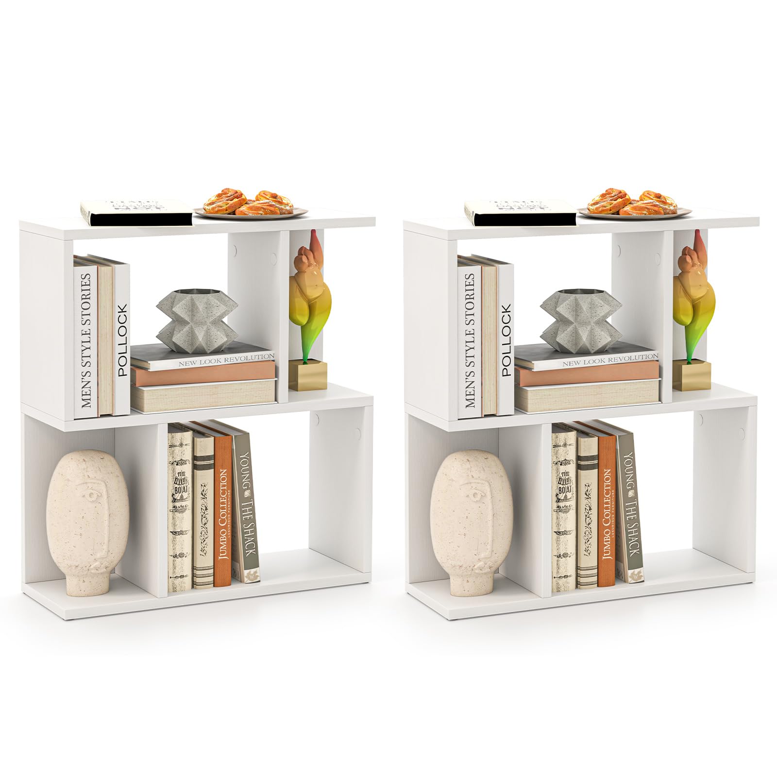 LIFEZEAL Tavolino da Divano, Tavolino Laterale da Salotto, a Forma di S, Bianco, Libreria a 3 Ripiani, Scomparti Aperti, Combinazione Libera, Salvaspazio, Moderno, per Soggiorno, 50x17,5x55,5cm