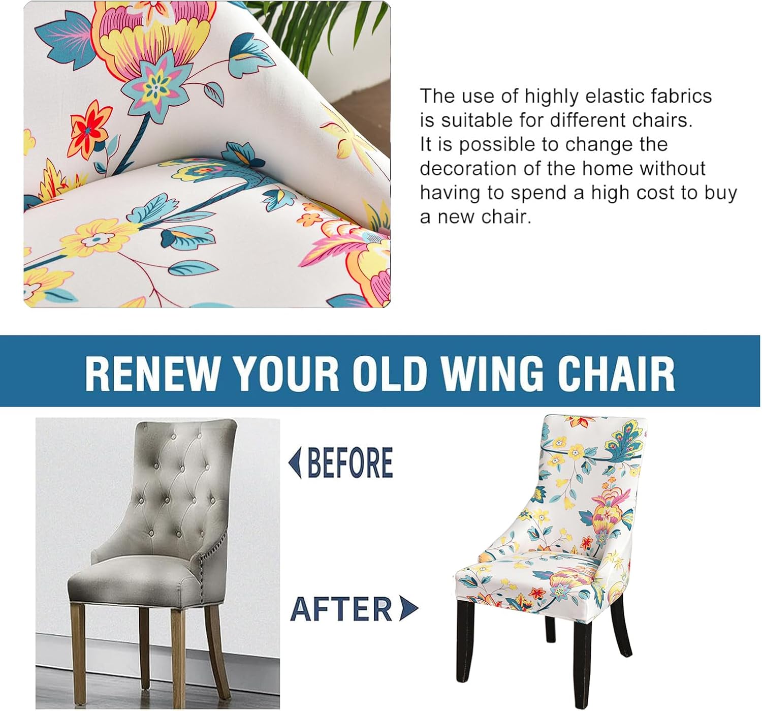 Stretch Wingback Side Chair Slipcover Set of 2 Printed Armless Wingback Chair Cover Reusable Sloping Armchair Cover Accent Chair Covers for Dining Room Banquet Home Decor (Color12, Set of 2)