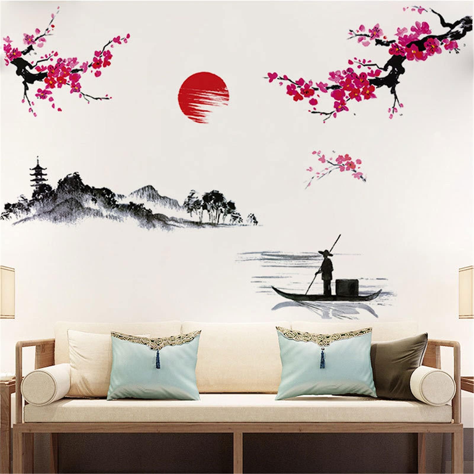 - 2 Sheets Japanese Style Splash Ink Landscape Painting Wall Sticker Red Cherry Blossom Wall Decals Removable Peel and Stick Mountain River Fisherman Mural for Bedroom Living Room TV Home Decor