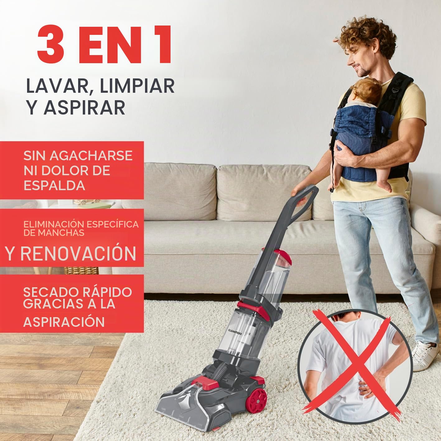 CLEANmaxx Aspirador de alfombras | 3 en 1: lavar, limpiar, aspirar | Aspirador en húmedo con cepillos vibratorios y cepillos laterales | Aspirador en seco - para casi cualquier alfombra