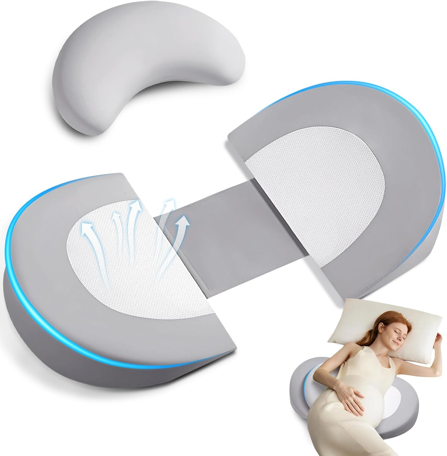 Pregnancy Pillow Wedge for Sleeping, Portable & Adjustable Maternity Pillow — Memory Foam Support for Back, Belly & Hip, Machine Washable Cover, Grey