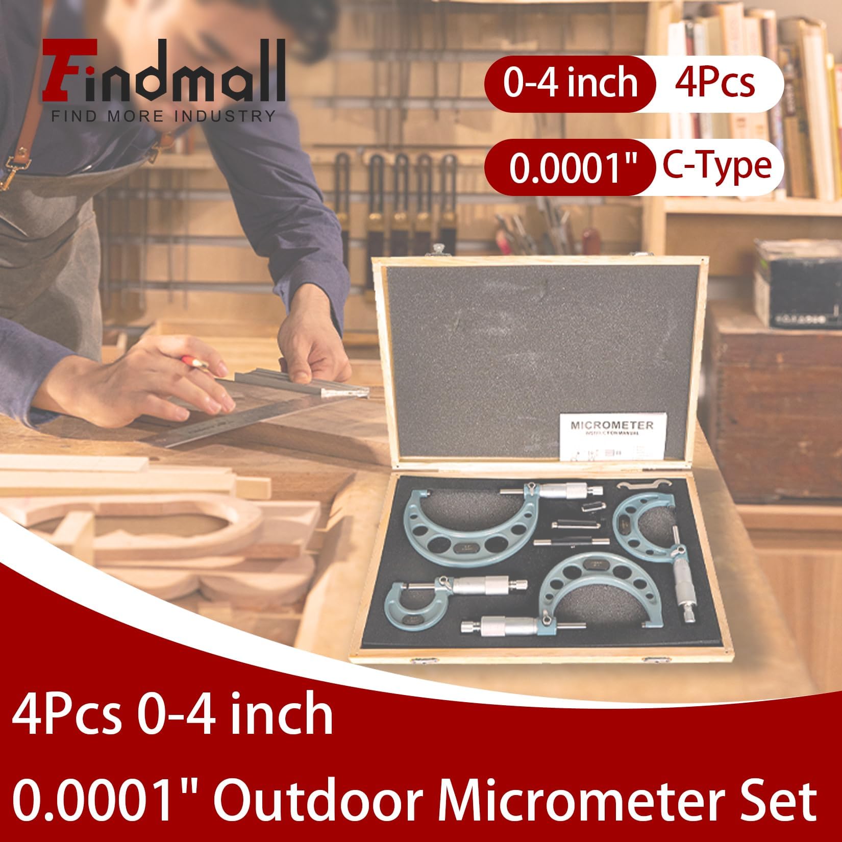 4 Stück 0-100 mm 0,01 mm Mikrometer-Set, Präzisionskarbid