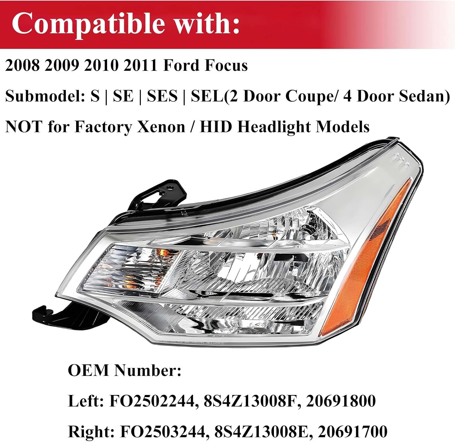 Headlights Assembly Compatible with 2008 2009 2010 2011 Ford Focus S SE SES SEL Halogen Head Lamp Replacement Chrome Housing Amber Reflector, 2pcs Driver and Passenger Side LH RH