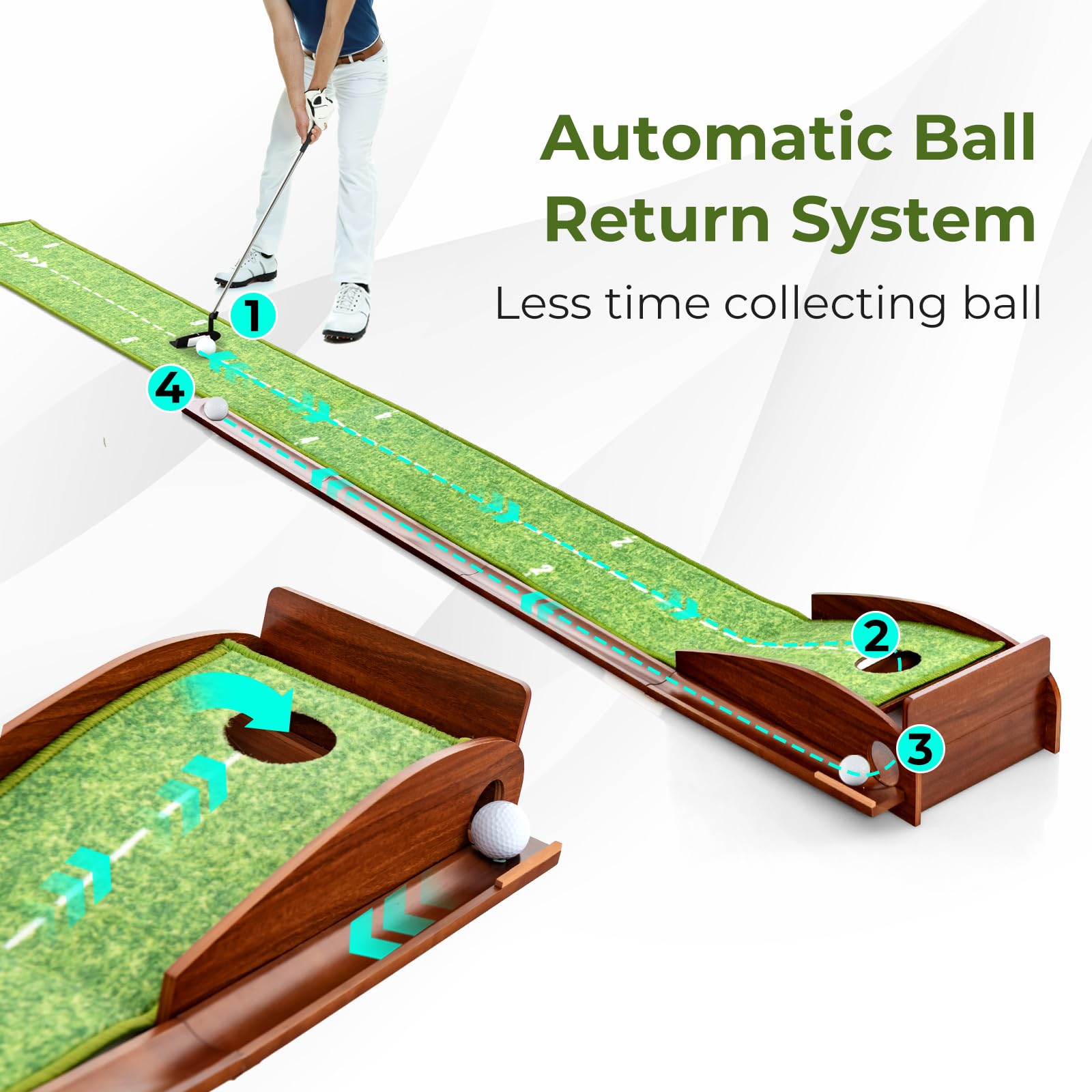LIFEZEAL Tapis de Putting de Golf avec 1/2/3 Trous et Retour Automatique, Tapis d'Entraînement de Golf avec Boche, Enroulable et Portable, 3 Balons de Golf, Intérieur et Extérieur