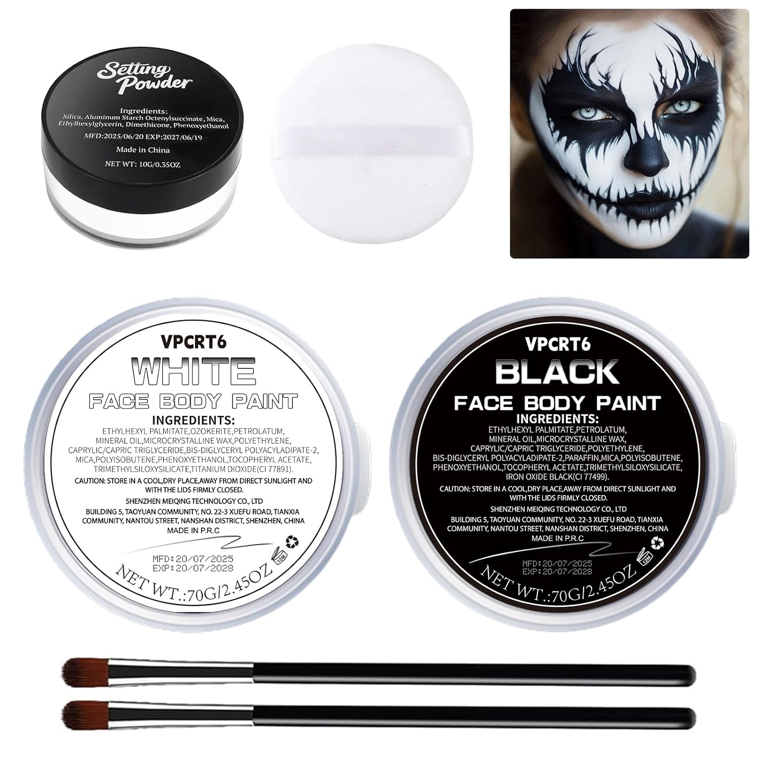 Halloween Black and White Face Body Paint with Setting Powder
