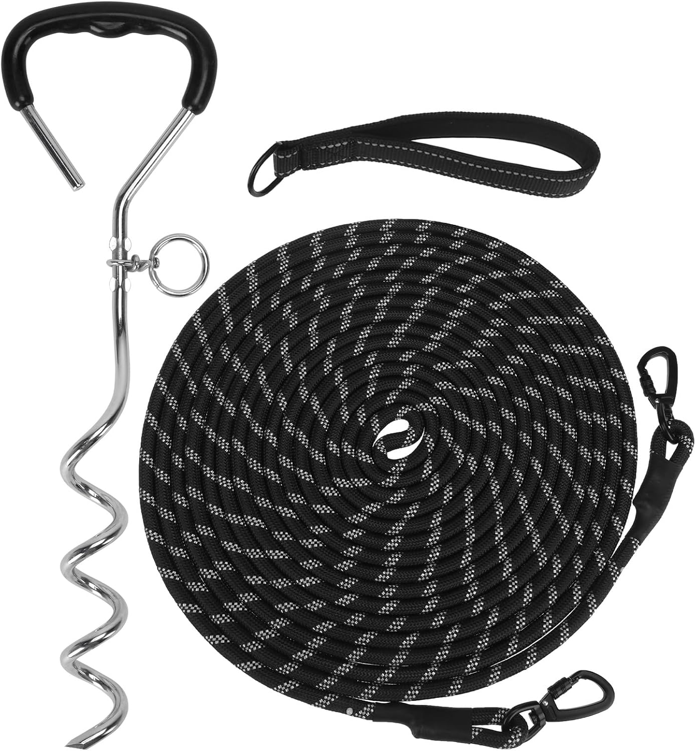 Mihachi Dog Tie Out Stake and Long Dog Leash, Reflective Recall Training Lead Leash with Removable Handle, 15.8in Ground Stake, Ideal for Yard, Camping and Beach, Suitable for Large Dogs, Black 30FT