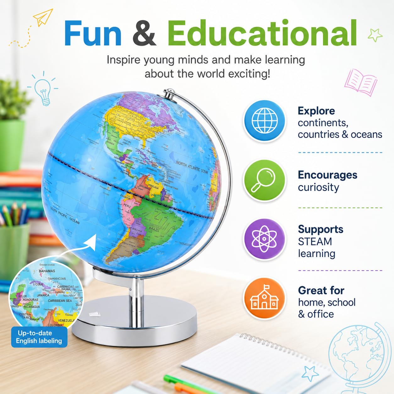 Exerz 23cm Leuchtglobus Metallsockel - Englische Karte - Schülerglobus Mit Kabelfreier LED-Beleuchtung Bei - Politische Karte (Tageszeit) - Konstellation Sterne (Nacht) - Spaß und Bildung