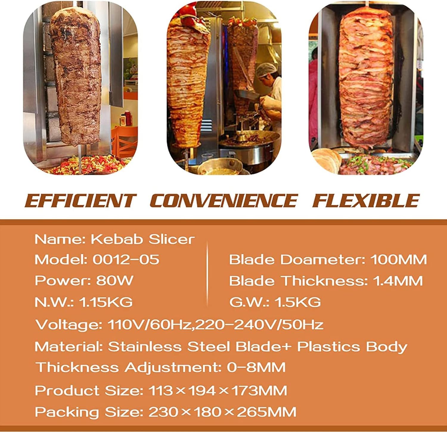 Commercial Electric Shawarma Doner Kebab Knife Cordless Kebab Slicer Meat Cutter with 2 Blades Gyro Knife Adjustable 0.5 Thickness Barbecue Knife for Cutting Turkish Kebab Lamb