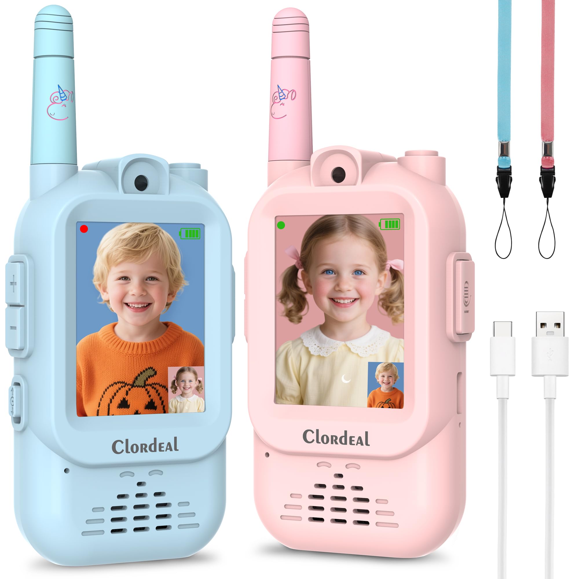 Clordeal Video Walkie Talkie Bambini Lungo Raggio Ricaricabile, Regalo Bambino e Bambina 3-12 Anni, Videochiamata, 6 Effetti Voce, 23 Emoticon, 12 Adesivi, LCD 2", Blu e Rosa, Confezione da 2
