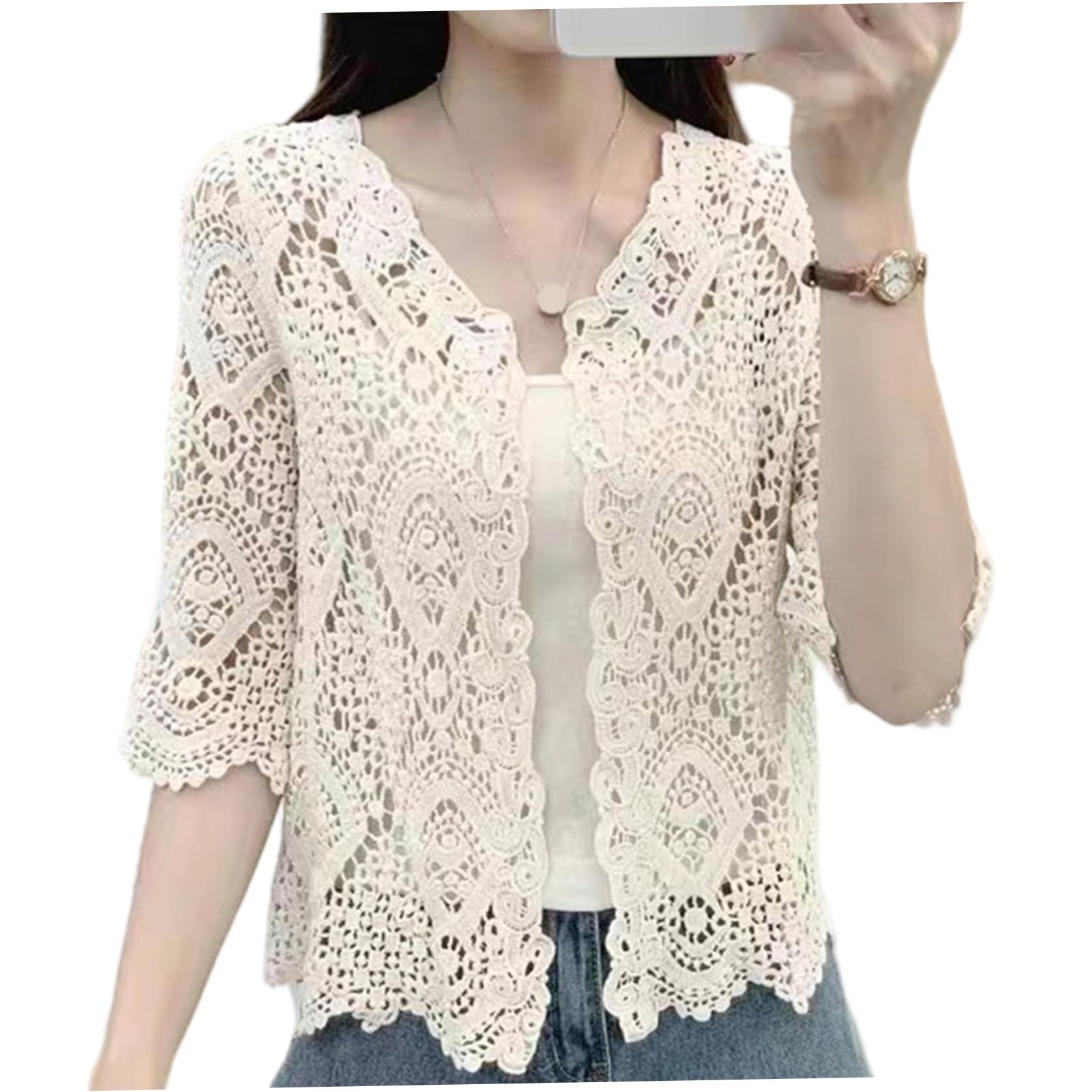AZIDWERYQ Crochet Cardigan Sun Protection Soft Cotton Floral 3/4 Sleeves Open Front Hollow Out Crochet Summer Lace Cardigan for Women Top Khaki