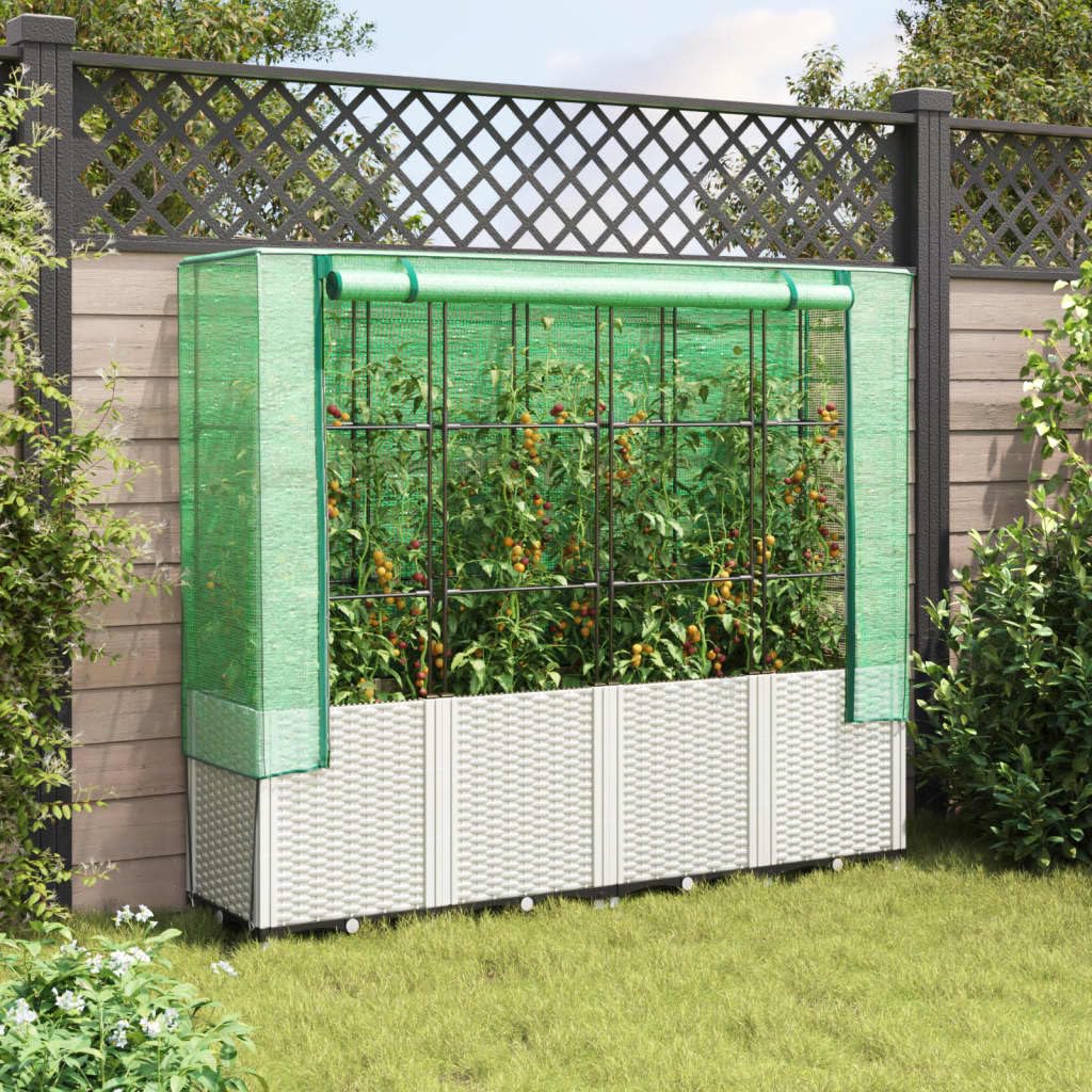 Lit surélevé blanc en rotin avec serre 160x40x153 cm pour potager